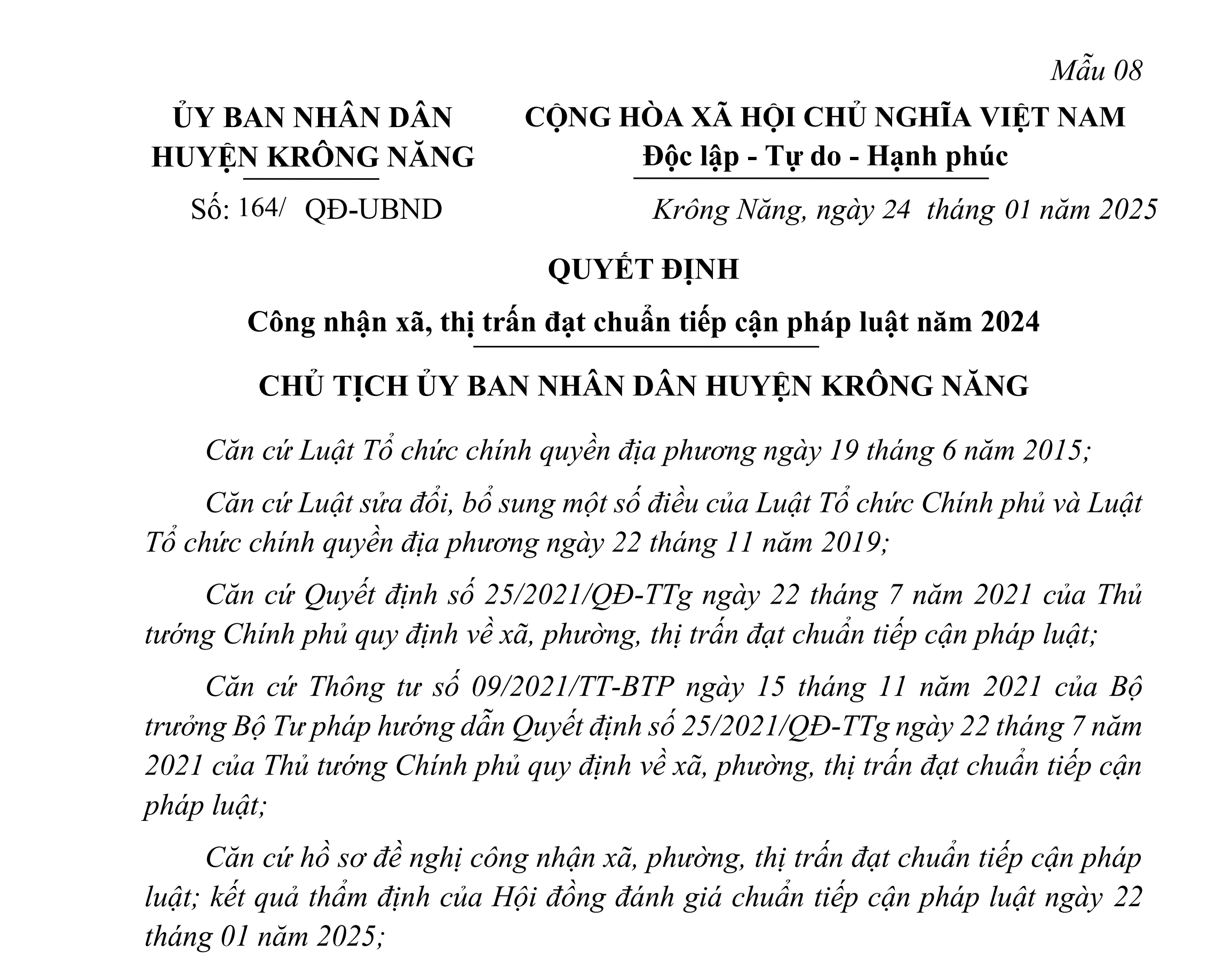 Quyết định công nhận xã, thị trấn đạt chuẩn tiếp cận pháp luật năm 2024